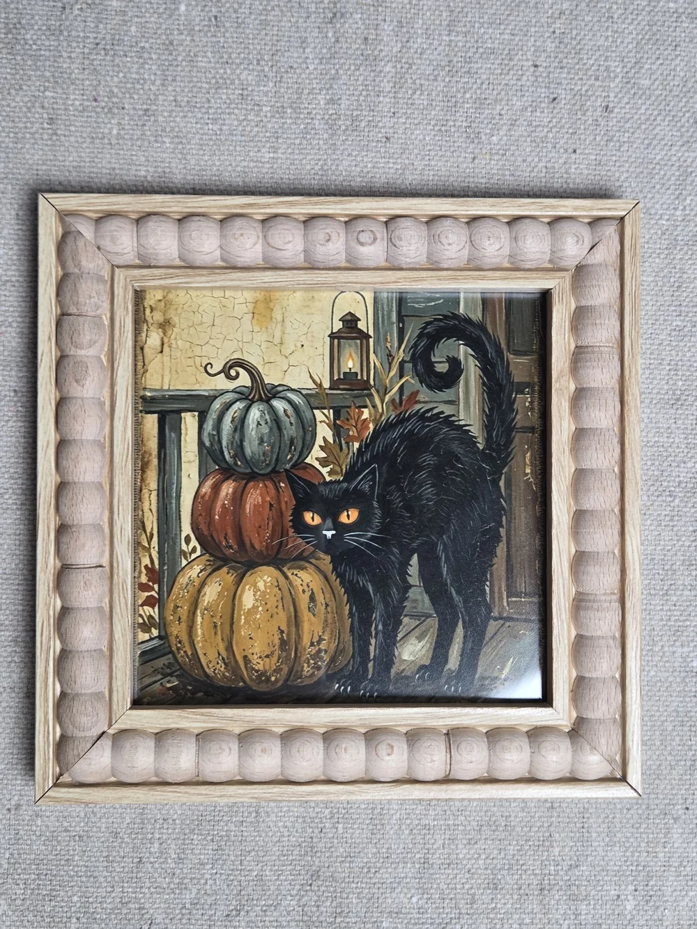 Hand Crafted Beige Framed Halloween Art - Black Cat & Pumpkinhead